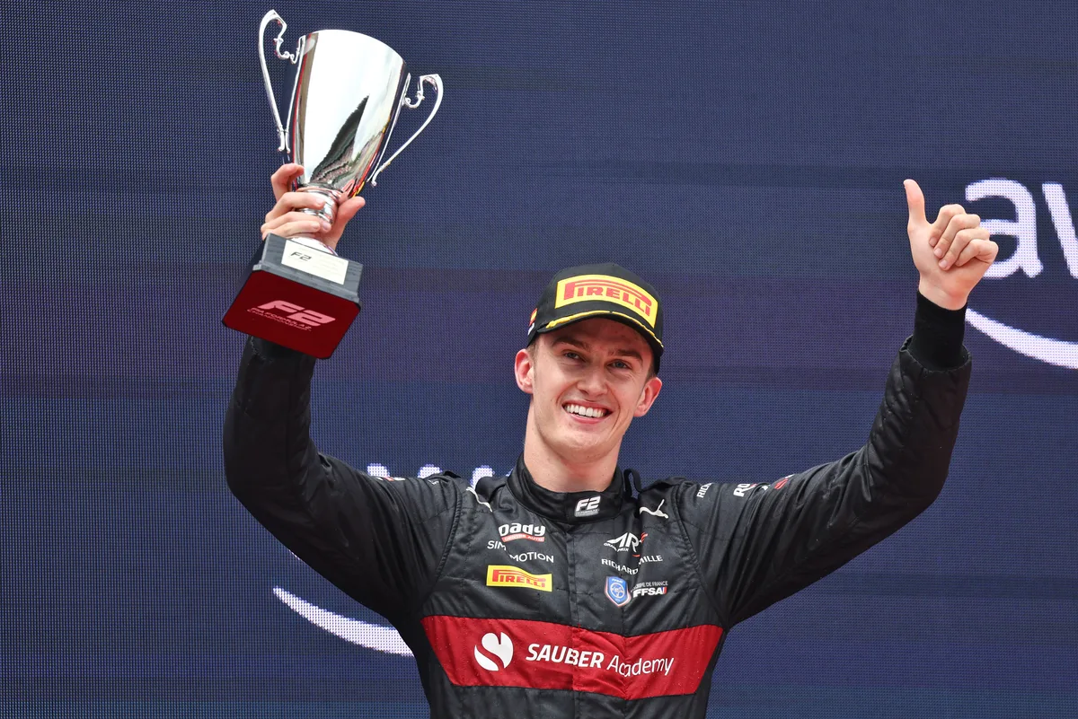 Theo Pourchaire (FRA) ART Grand Prix celebrates his second position on the podium. 03.06.2023. FIA Formula 2 Championship, Rd 7, Sprint Race, Barcelona, Spain, Saturday.
